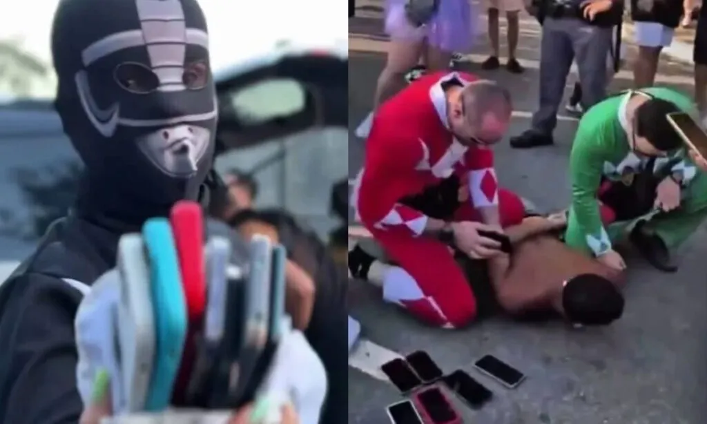 Criminoso estava com sete aparelhos roubados quando foi detido; Policiais se fantasiaram de Power Rangers e prenderam o homem