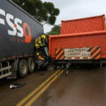 Motorista sobrevive após carro ser esmagado entre dois caminhões
