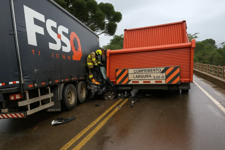 Motorista sobrevive após carro ser esmagado entre dois caminhões