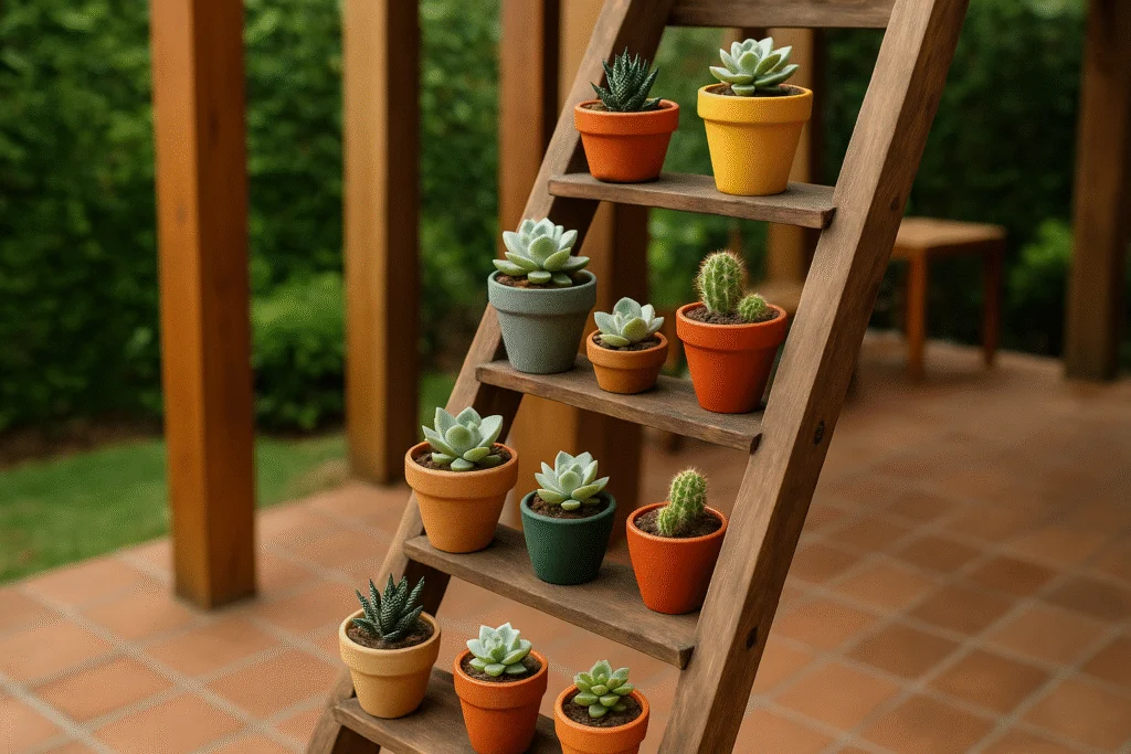 Escada de madeira com mini vasos