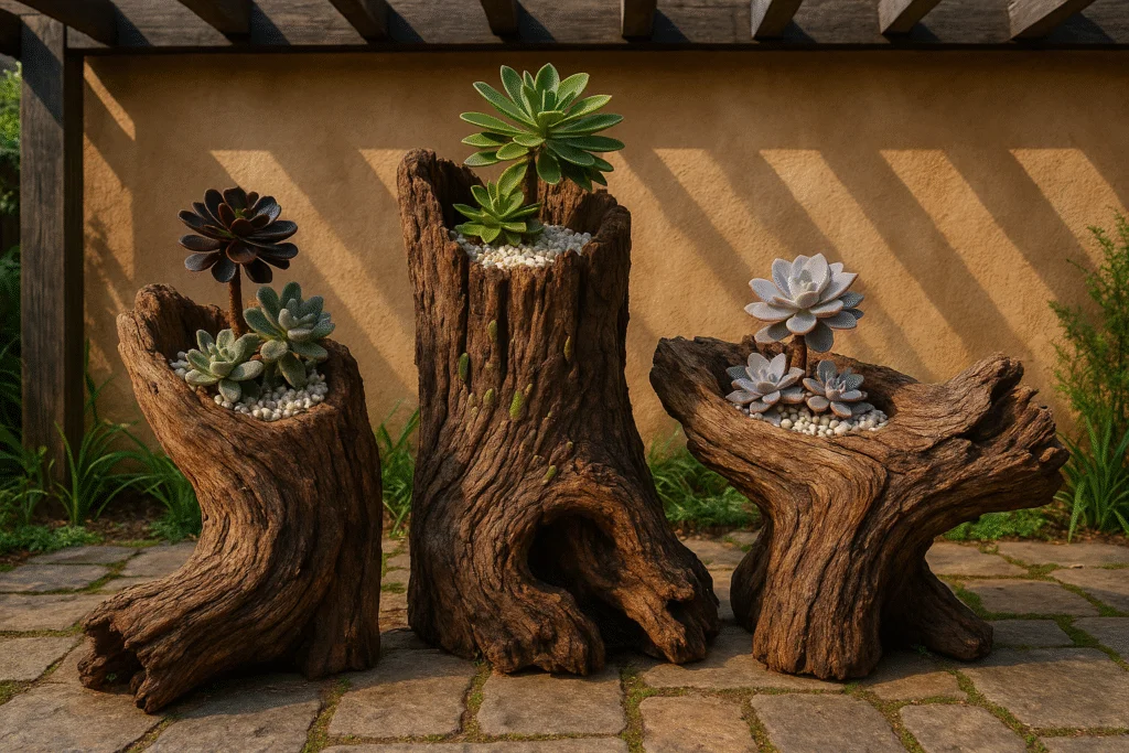 Vasos naturais em troncos ou raizes secas