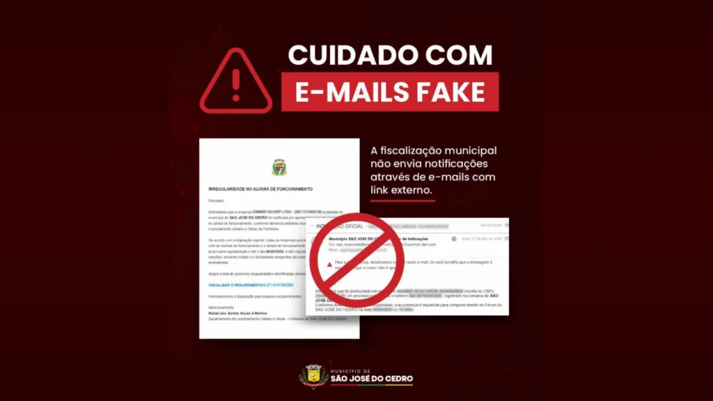 Prefeitura de São José do Cedro emite alerta sobre tentativas de golpe por e-mail