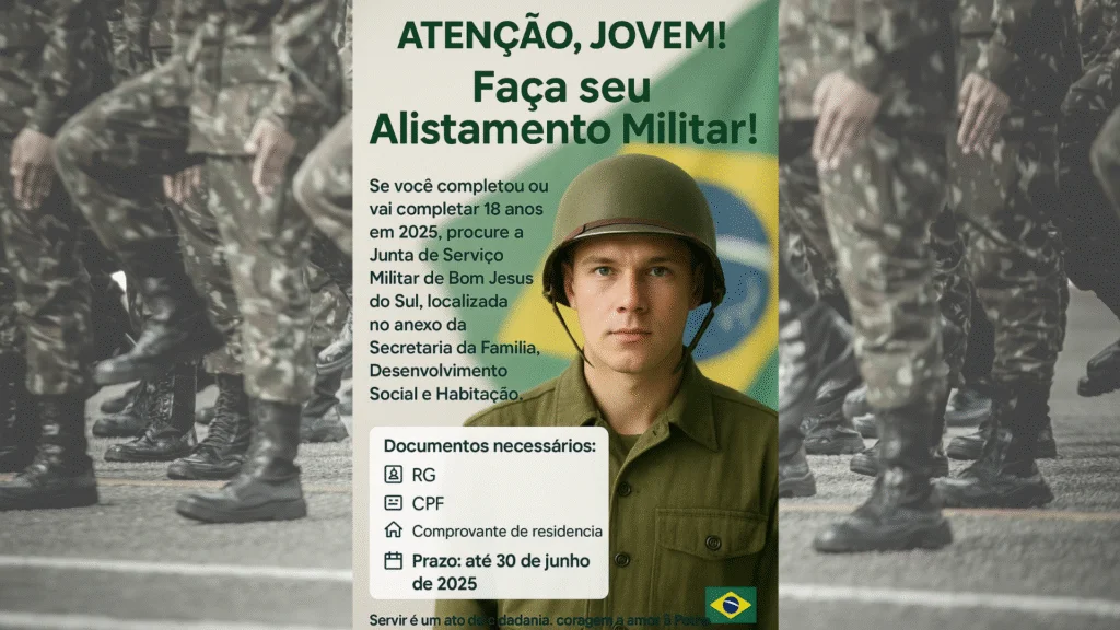 Junta de Serviço Militar receberá os documentos até 30 de junho; atendimento ocorre anexo à Secretaria da Família de Bom Jesus do Sul