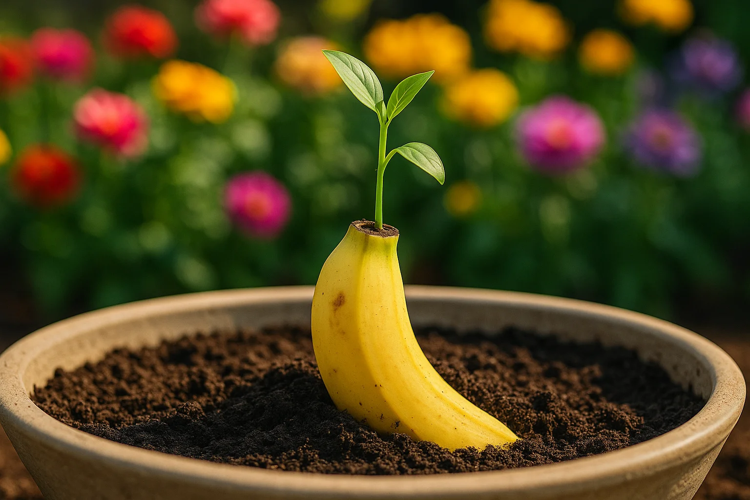 A curiosa técnica de germinar sementes de flores em frutas e caules de bananeira