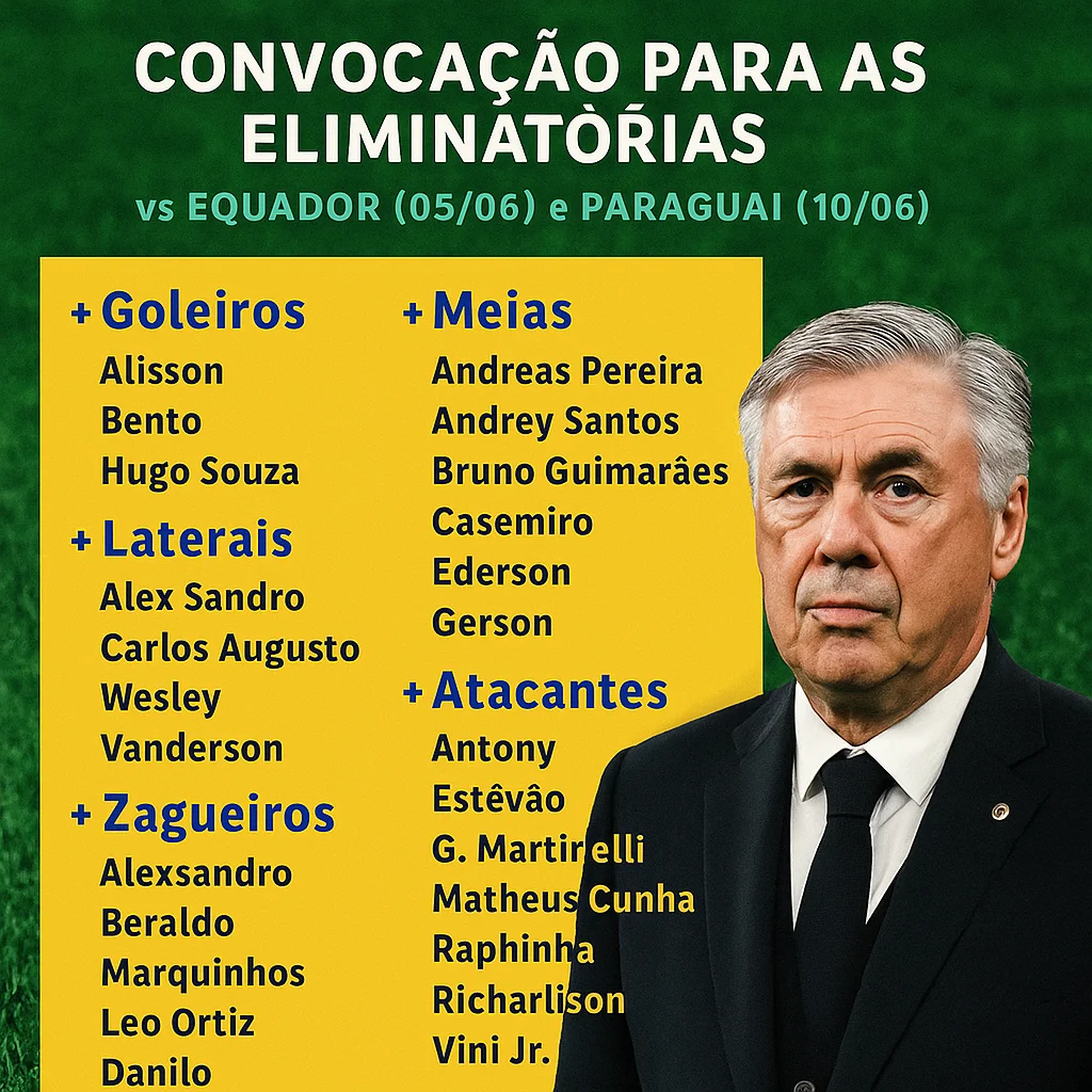Ancelotti divulga sua primeira convocação pela seleção brasileira para os jogos contra Equador e Paraguai nas eliminatórias da Copa de 2026
