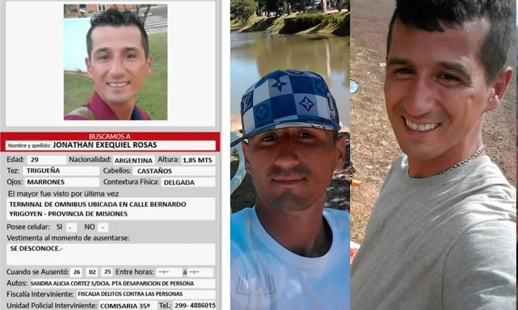 Segundo a polícia Argentina, Jonathan Exequiel Rosas, argentino de 29 anos, está desaparecido desde o dia 26 de fevereiro de 2025