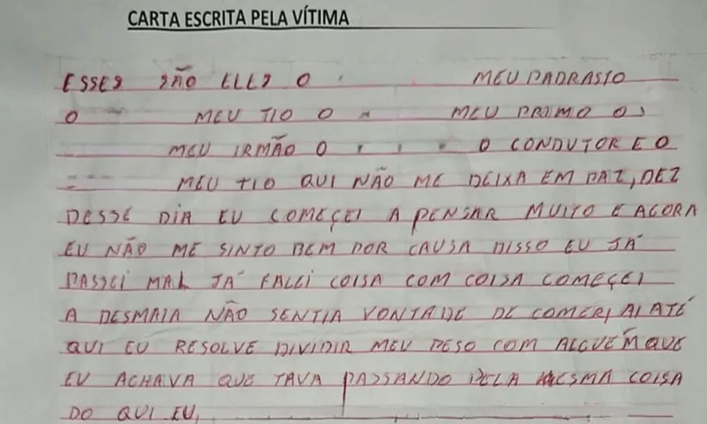 Criança de 10 anos escreve carta e revela abusos por padrasto, tio e motorista