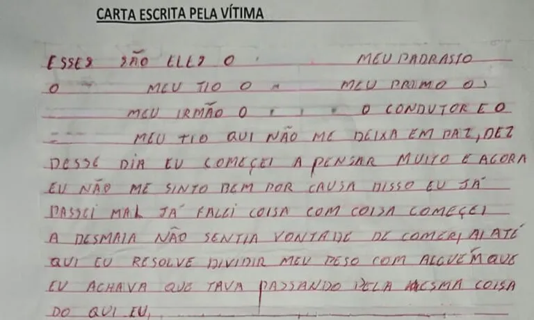 Criança de 10 anos escreve carta e revela abusos por padrasto, tio e motorista