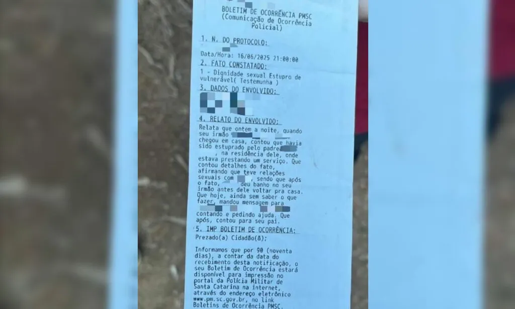 A vítima seria um adolescente de 13 anos, que convivia quase diariamente com o padre suspeito de abuso sexual