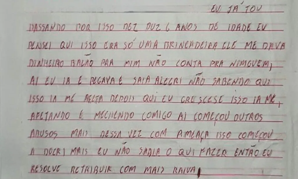 Após palestra na escola sobre prevenção ao abuso sexual infantil, a criança escreveu uma carta chocante revelando o pesadelo que vivia desde os seis anos de idade