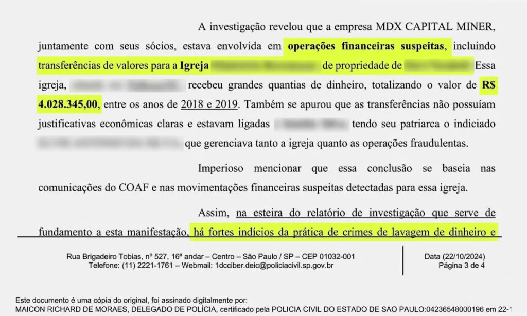 A investigação teria iniciado após a COAF apontar que a Igreja teria recebido mais de R$ 4 milhões em transferências em um ano. Processo foi arquivado pela justiça
