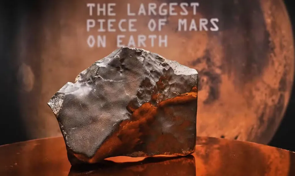 A pedra pesa 25 quilos, veio do planeta vermelho e representa quase 7% de todo o material marciano encontrado na Terra até hoje. Leilão acontece em Nova York