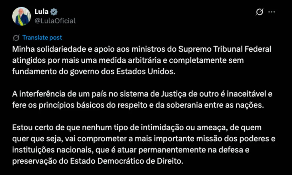 Lula chamou de “arbitrária e completamente sem fundamento” a decisão do governo dos EUA de revogar vistos do ministro Alexandre de Moraes, familiares e ‘aliados’ 