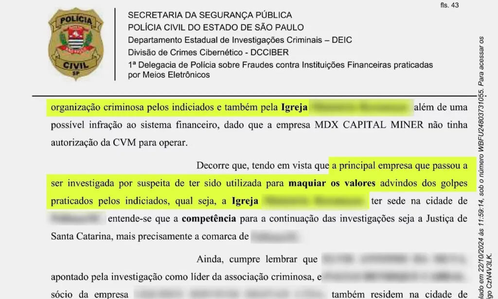 A investigação teria iniciado após a COAF apontar que a Igreja teria recebido mais de R$ 4 milhões em transferências em um ano. Processo foi arquivado pela justiça