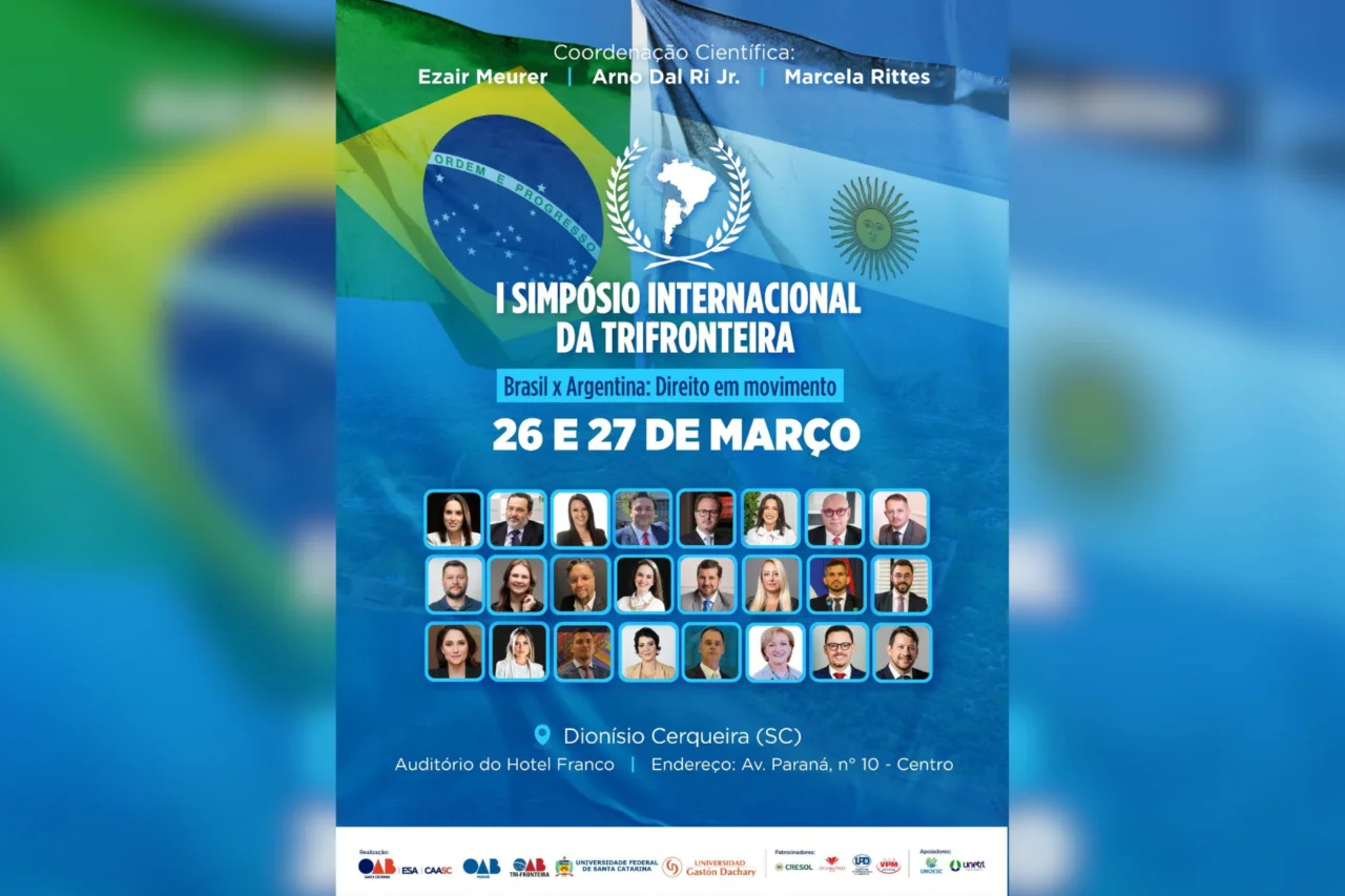 Simpósio Internacional da Tri Fronteira Brasil x Argentina será realizado em Dionísio Cerqueira nos dias 26 e 27 de março 1 Dionísio Cerqueira sediará o 1º Simpósio Internacional da Trifronteira Brasil x Argentina, com debates sobre Direito Aduaneiro, imigração e temas transfronteiriços.