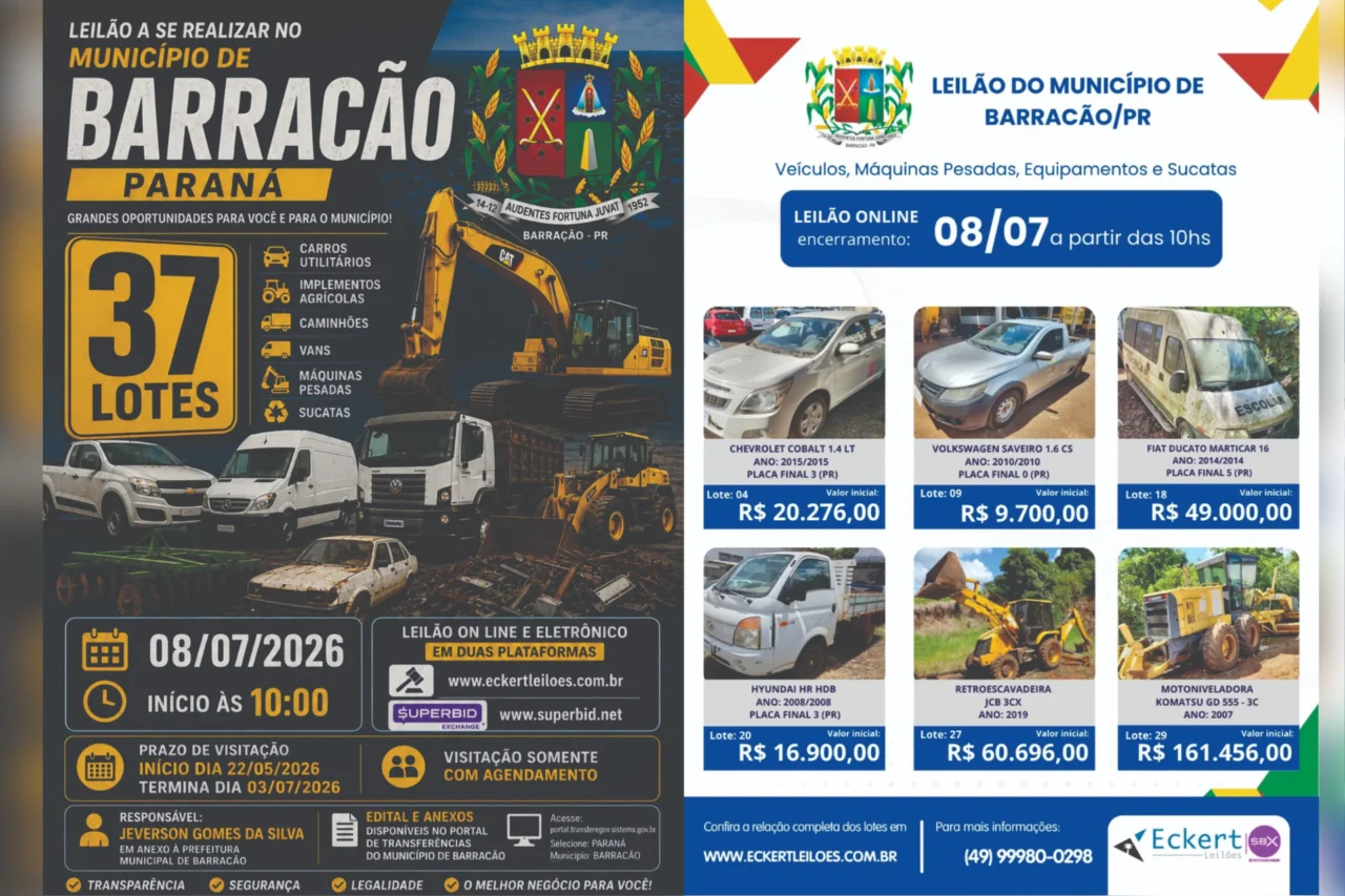Prefeitura de Barrac&atilde;o abre leil&atilde;o eletr&ocirc;nico de bens m&oacute;veis com 37 lotes